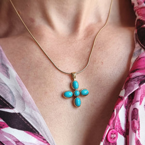 Vintage 9ct Gold Turquoise Cross Pendant modelled with chain