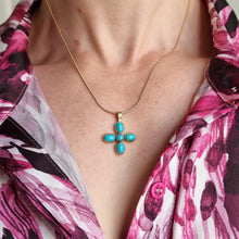 Load image into Gallery viewer, Vintage 9ct Gold Turquoise Cross Pendant modelled with chain
