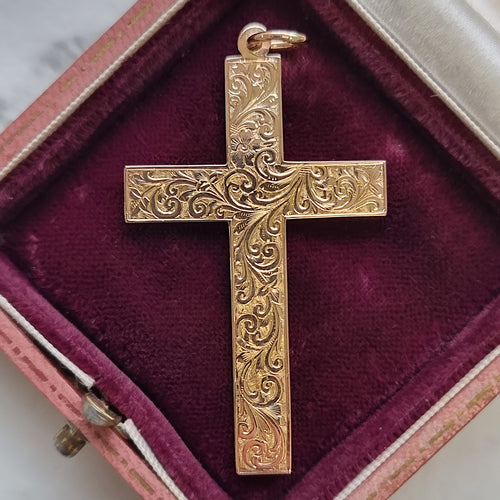 Edwardian 9ct Rose Gold Engraved Cross, Hallmarked Chester 1907 front, in box