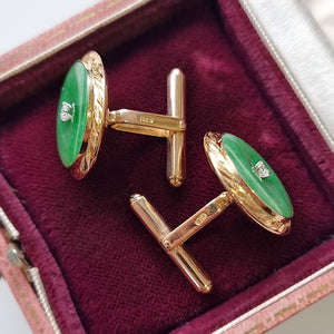 Vintage 18ct Gold Jade and Diamond Cufflinks in box, sides