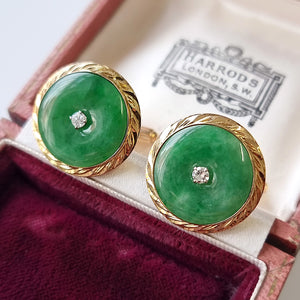 Vintage 18ct Gold Jade and Diamond Cufflinks in box
