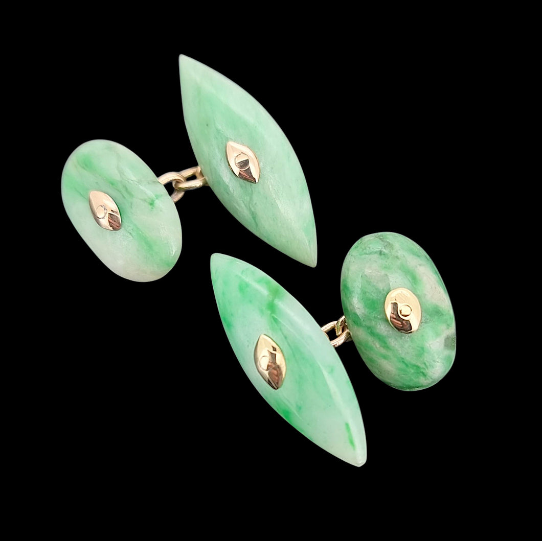 Art Deco 9ct Yellow Gold Jade Chain Cufflinks on a black background