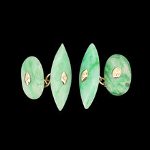 Load image into Gallery viewer, Art Deco 9ct Yellow Gold Jade Chain Cufflinks on a black background
