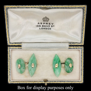 Art Deco 9ct Yellow Gold Jade Chain Cufflinks shown in an antique Asprey box (for display purposes only)