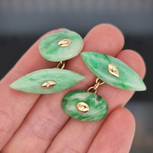 Load image into Gallery viewer, Art Deco 9ct Yellow Gold Jade Chain Cufflinks held in the hand
