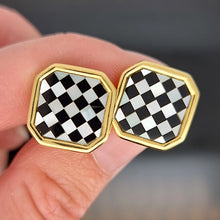 Load image into Gallery viewer, 18ct Yellow Gold Mother of Pearl and Onyx Chequerboard Cufflinks held in the hand
