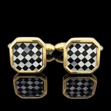 Load image into Gallery viewer, 18ct Yellow Gold Mother of Pearl and Onyx Chequerboard Cufflinks on a black background
