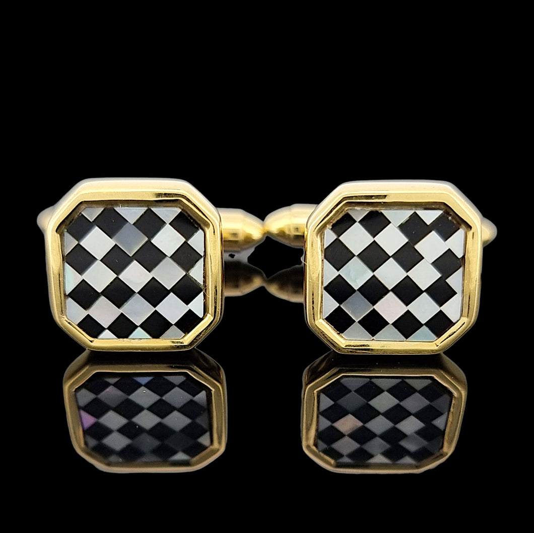 18ct Yellow Gold Mother of Pearl and Onyx Chequerboard Cufflinks on a black background