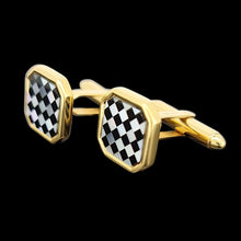 Load image into Gallery viewer, 18ct Yellow Gold Mother of Pearl and Onyx Chequerboard Cufflinks side view, on a black background

