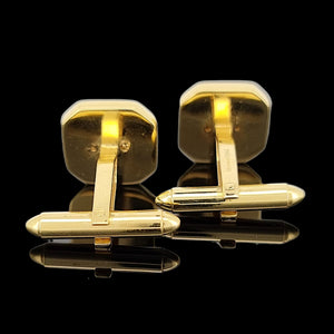 18ct Yellow Gold Mother of Pearl and Onyx Chequerboard Cufflinks rear view, on a black background