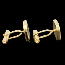 Load image into Gallery viewer, 18ct Yellow Gold Mother of Pearl and Onyx Chequerboard Cufflinks side view, on a black background

