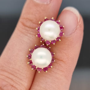 14ct Gold Pearl, Diamond, Emerald, Sapphire and Ruby Stud Earrings