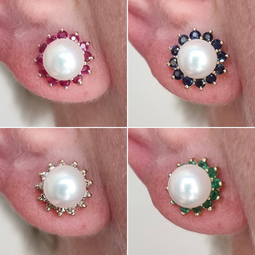 14ct Gold Pearl, Diamond, Emerald, Sapphire and Ruby Stud Earrings