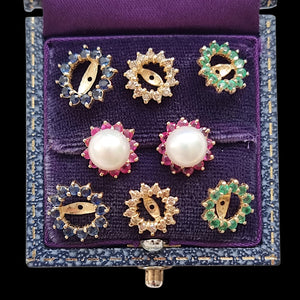 14ct Gold Pearl, Diamond, Emerald, Sapphire and Ruby Stud Earrings