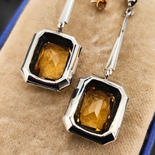 Load image into Gallery viewer, A pair of citrine, onyx and marcasite long drop earrings in silver
