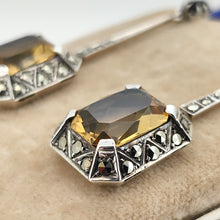 Load image into Gallery viewer, A pair of citrine, onyx and marcasite long drop earrings in silver
