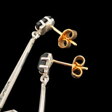 Load image into Gallery viewer, A pair of citrine, onyx and marcasite long drop earrings in silver
