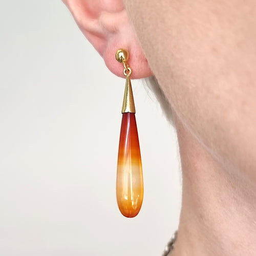 Vintage 9ct Yellow Gold Agate Drop Earrings modelled