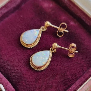 Vintage 9ct Yellow Gold Opal Drop Earrings in box