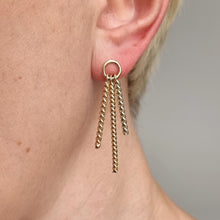 Load image into Gallery viewer, Vintage Handmade 9ct Tri-Colour Gold Drop Earrings modelled
