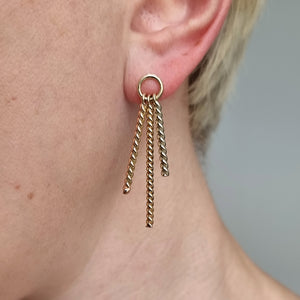 Vintage Handmade 9ct Tri-Colour Gold Drop Earrings modelled