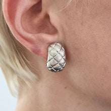 Load image into Gallery viewer, Vintage 9ct White Gold Quilted Half Hoop Earrings modelled
