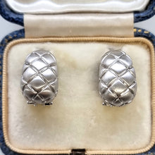 Load image into Gallery viewer, Vintage 9ct White Gold Quilted Half Hoop Earrings in box
