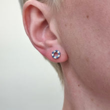 Load image into Gallery viewer, 18ct White Gold Sapphire and Diamond Circle Stud Earrings modelled
