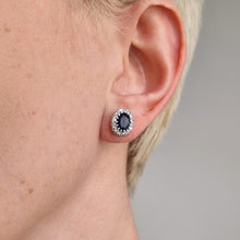 Load image into Gallery viewer, Vintage 18ct Gold Sapphire and Diamond Oval Cluster Stud Earrings modelled
