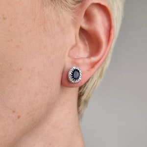 Vintage 18ct Gold Sapphire and Diamond Oval Cluster Stud Earrings modelled