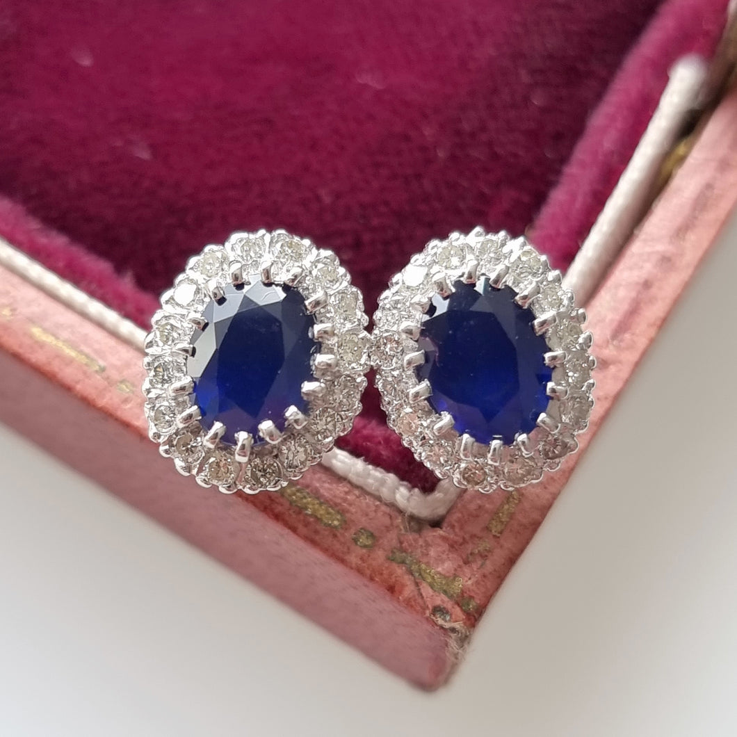 Vintage 18ct Gold Sapphire and Diamond Oval Cluster Stud Earrings front