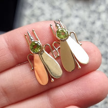 Load image into Gallery viewer, Vintage 18ct Gold Peridot Fly Earrings in hand
