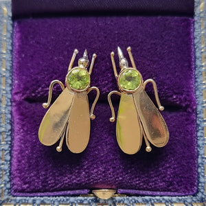 Vintage 18ct Gold Peridot Fly Earrings in box