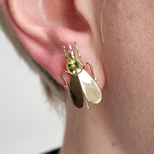 Load image into Gallery viewer, Vintage 18ct Gold Peridot Fly Earrings modelled
