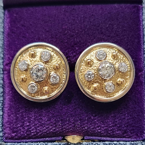Vintage 18ct Yellow & White Gold Diamond Disc Earrings, 1.00ct in box