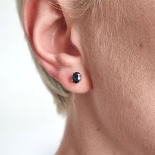 Load image into Gallery viewer, 18ct Yellow Gold Oval Sapphire Stud Earrings modelled
