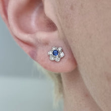 Load image into Gallery viewer, Vintage 18ct White Gold Sapphire and Diamond Cluster Stud Earrings modelled
