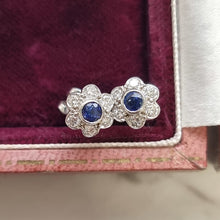 Load image into Gallery viewer, Vintage 18ct White Gold Sapphire and Diamond Cluster Stud Earrings in box
