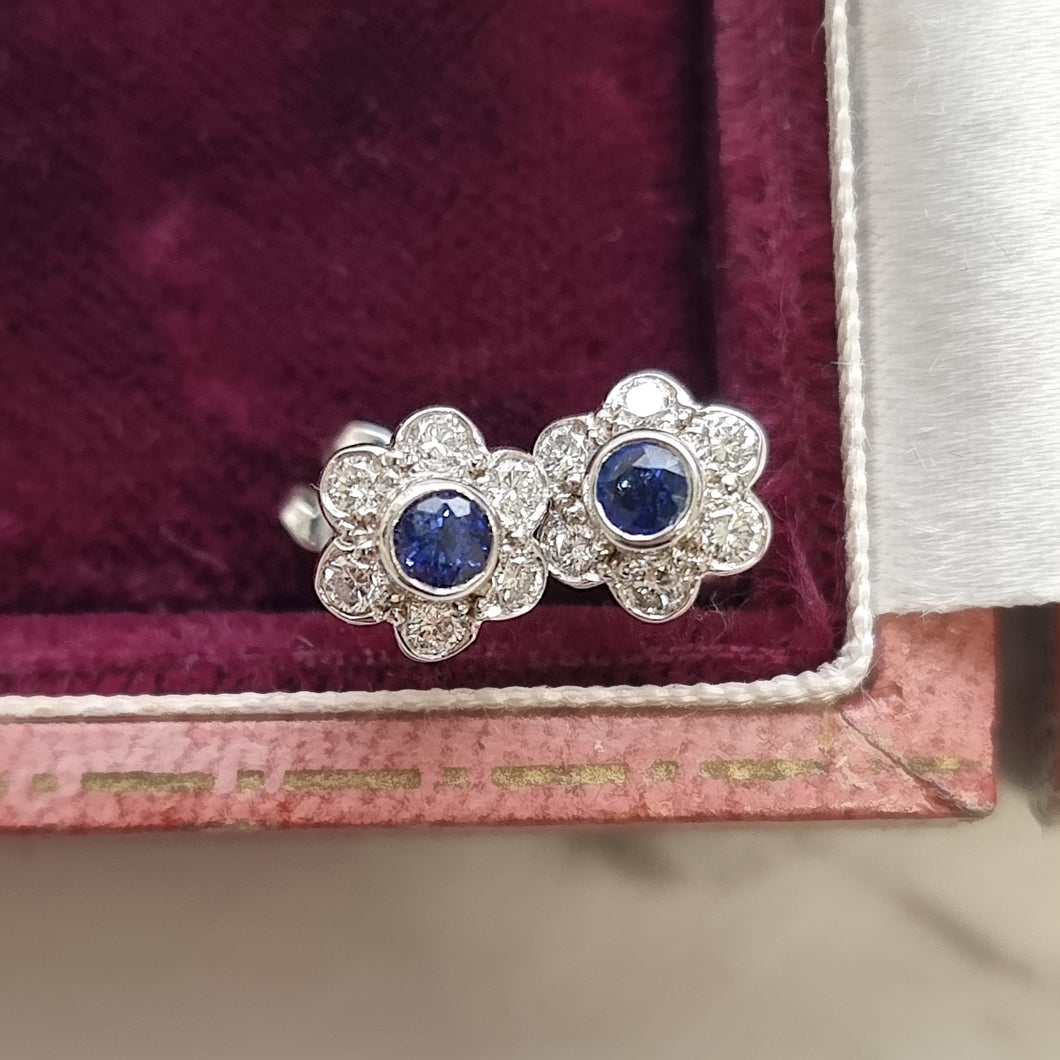 Vintage 18ct White Gold Sapphire and Diamond Cluster Stud Earrings in box