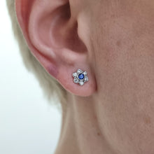 Load image into Gallery viewer, Vintage 18ct White Gold Sapphire and Diamond Cluster Stud Earrings modelled
