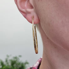 Load image into Gallery viewer, Vintage 18ct Yellow Gold Planished Hoop Earrings modelled
