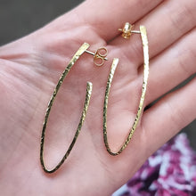 Load image into Gallery viewer, Vintage 18ct Yellow Gold Planished Hoop Earrings in hand
