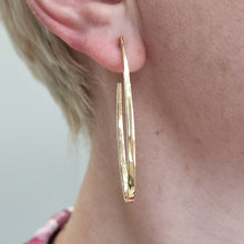 Load image into Gallery viewer, Vintage 18ct Yellow Gold Planished Hoop Earrings modelled
