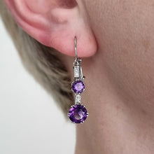 Load image into Gallery viewer, Vintage Platinum &amp; 18ct White Gold Amethyst and Diamond Drop Earrings modelled
