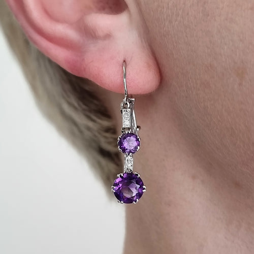 Vintage Platinum & 18ct White Gold Amethyst and Diamond Drop Earrings modelled