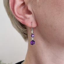 Load image into Gallery viewer, Vintage Platinum &amp; 18ct White Gold Amethyst and Diamond Drop Earrings modelled
