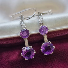 Load image into Gallery viewer, Vintage Platinum &amp; 18ct White Gold Amethyst and Diamond Drop Earrings in box
