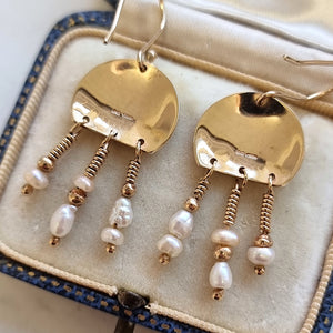 Vintage 9ct Gold Modernist Pearl Drop Earrings backs