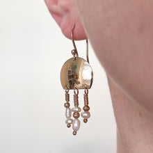 Load image into Gallery viewer, Vintage 9ct Gold Modernist Pearl Drop Earrings modelled
