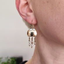 Load image into Gallery viewer, Vintage 9ct Gold Modernist Pearl Drop Earrings modelled
